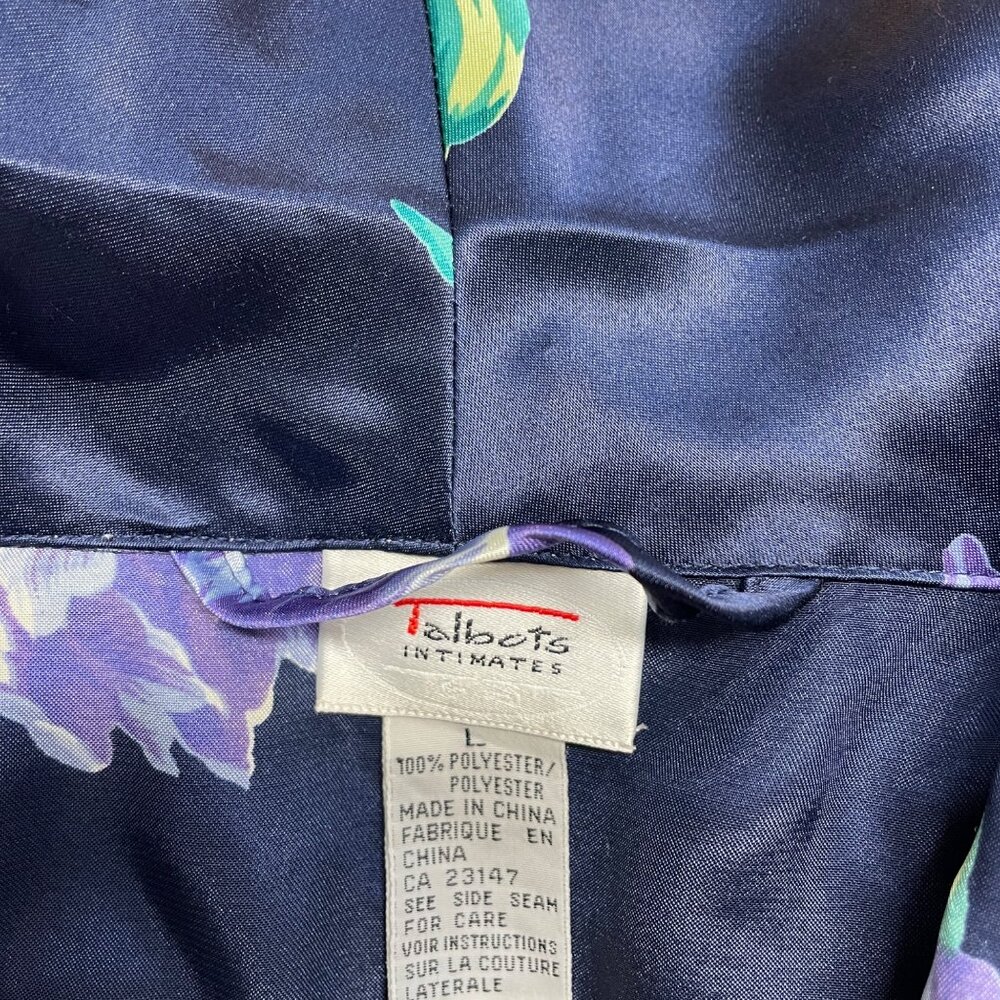 TALBOTS INTIMATES ROBE LONG MAXI SATIN WOMENS L FLORAL BLUE POCKETS LOUNGE - Picture 5 of 7